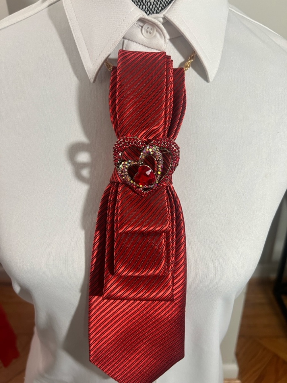 Burnt orange Satin Ribbon Necktie  Necklace  with Heart Jewel Brooch